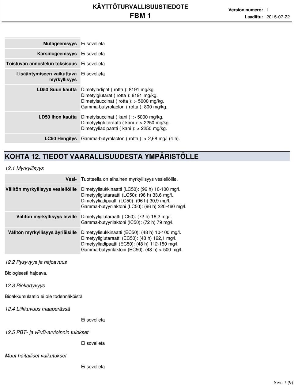 Dimetyyliglutaraatti ( kani ): > 2250 mg/kg. Dimetyyliadipaatti ( kani ): > 2250 mg/kg. Gamma-butyrolacton ( rotta ): > 2,68 mg/l (4 h). KOHTA 12. TIEDOT VAARALLISUUDESTA YMPÄRISTÖLLE 12.