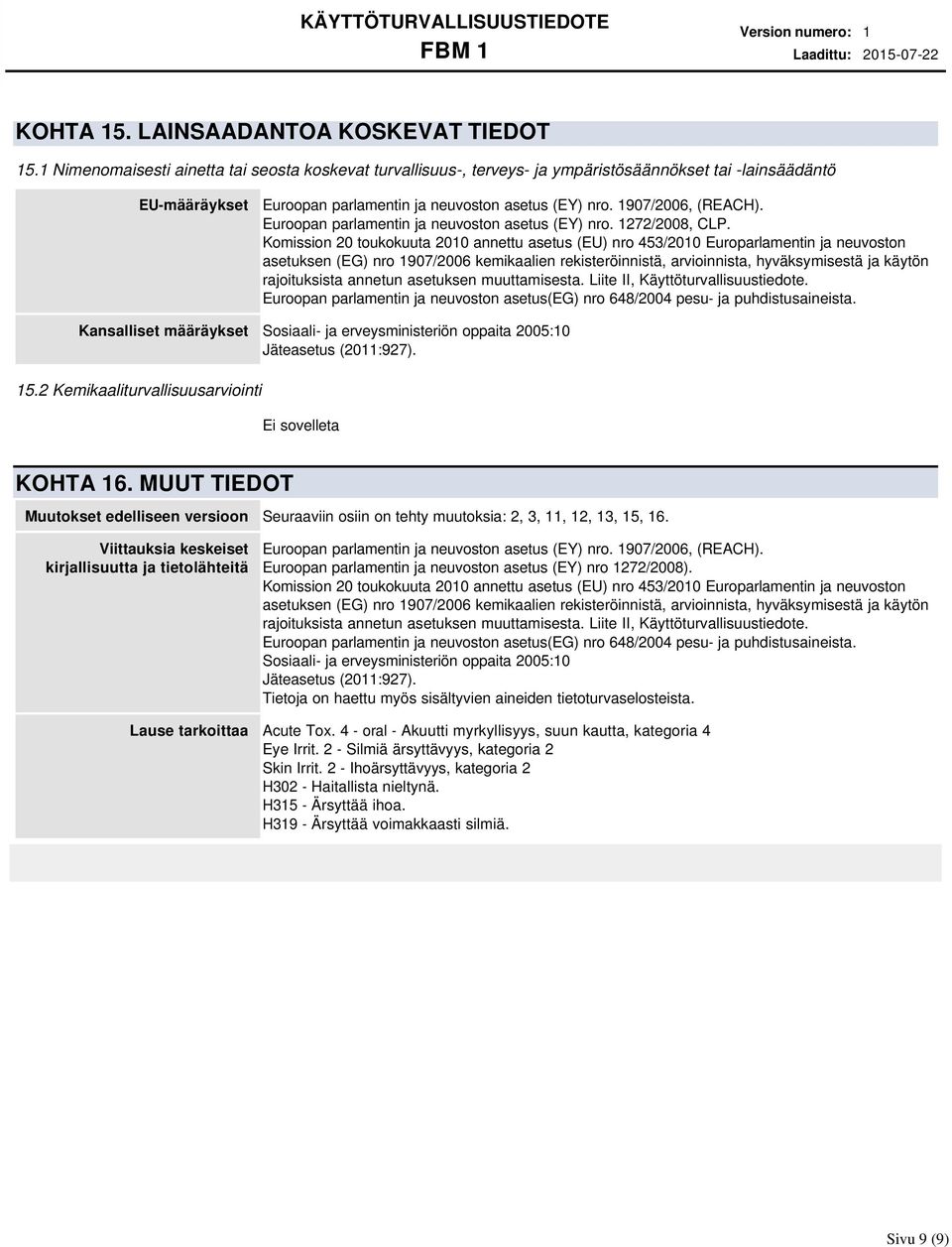 Euroopan parlamentin ja neuvoston asetus (EY) nro. 1272/2008, CLP.
