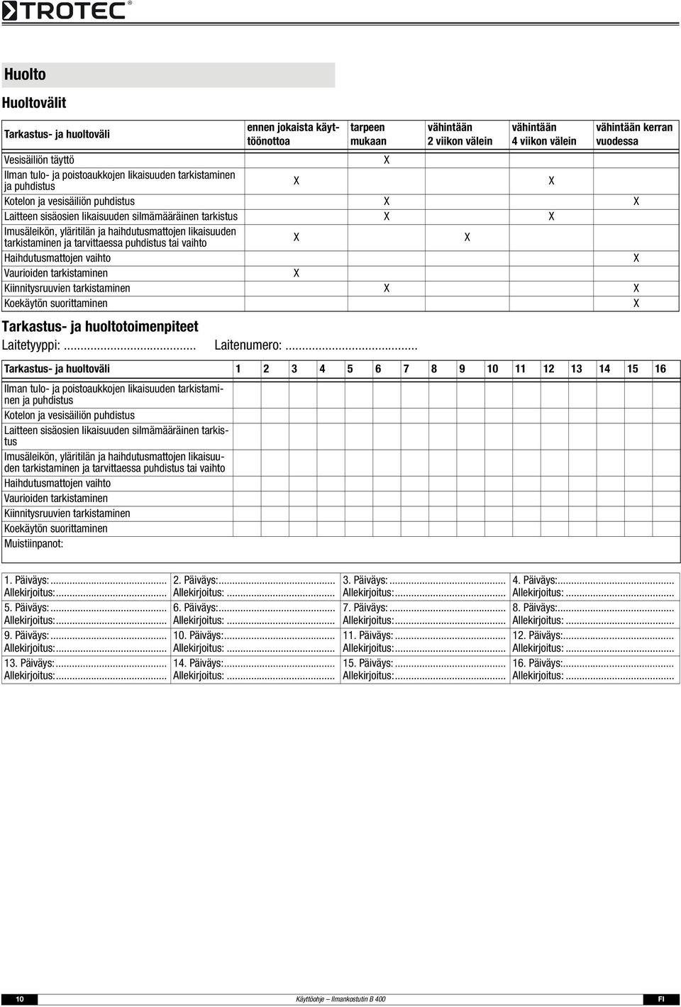 puhdistus X X Laitteen sisäosien likaisuuden silmämääräinen tarkistus X X Imusäleikön, yläritilän ja haihdutusmattojen likaisuuden X tarkistaminen ja tarvittaessa puhdistus tai vaihto
