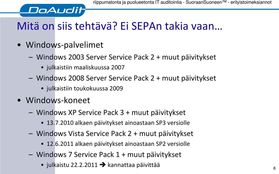 2008 Server Service Pack 2 + muut päivitykset julkaistiin toukokuussa 2009 Windows-koneet Windows XP Service Pack 3 + muut