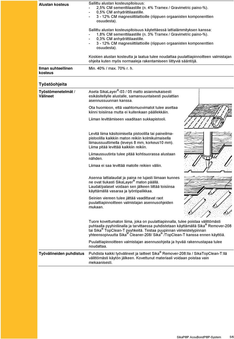 3% Tramex / Gravimetric paino-%). - 0,3% CM anhydriittilaastille. - 3-12% CM magnesiittilattioille (riippuen orgaanisten komponenttien osuudesta).