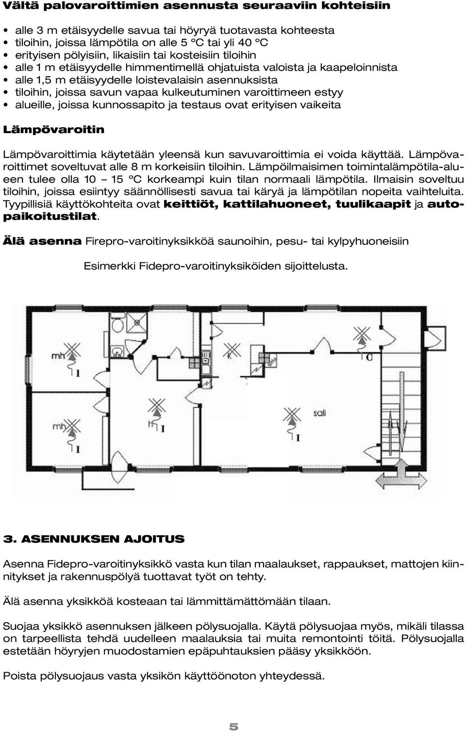 varoittimeen estyy alueille, joissa kunnossapito ja testaus ovat erityisen vaikeita Lämpövaroitin Lämpövaroittimia käytetään yleensä kun savuvaroittimia ei voida käyttää.