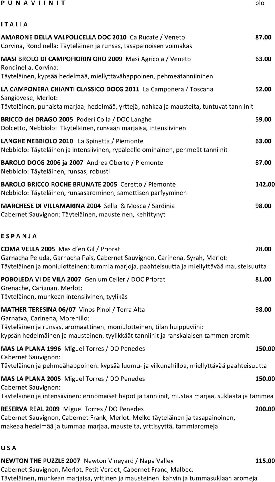 00 LA CAMPONERA CHIANTI CLASSICO DOCG 2011 La Camponera / Toscana Sangiovese, Merlot: Täyteläinen, punaista marjaa, hedelmää, yrttejä, nahkaa ja mausteita, tuntuvat tanniinit BRICCO del DRAGO 2005