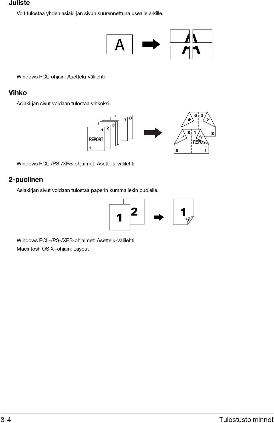 Windows PCL-/PS-/XPS-ohjaimet: Asettelu-välilehti 2-puolinen Asiakirjan sivut voidaan tulostaa