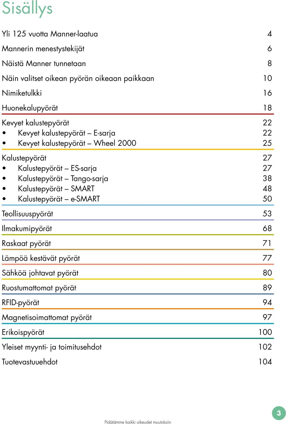 Kalustepyörät Tangosarja 3 Kalustepyörät SMART 4 Kalustepyörät esmart Teollisuuspyörät 53 Ilmakumipyörät 6 Raskaat pyörät 71 Lämpöä kestävät pyörät