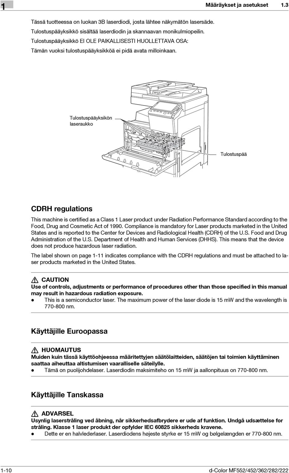 3 Tulostuspääyksikön laseraukko Tulostuspää CDRH regulations This machine is certified as a Class 1 Laser product under Radiation Performance Standard according to the Food, Drug and Cosmetic Act of