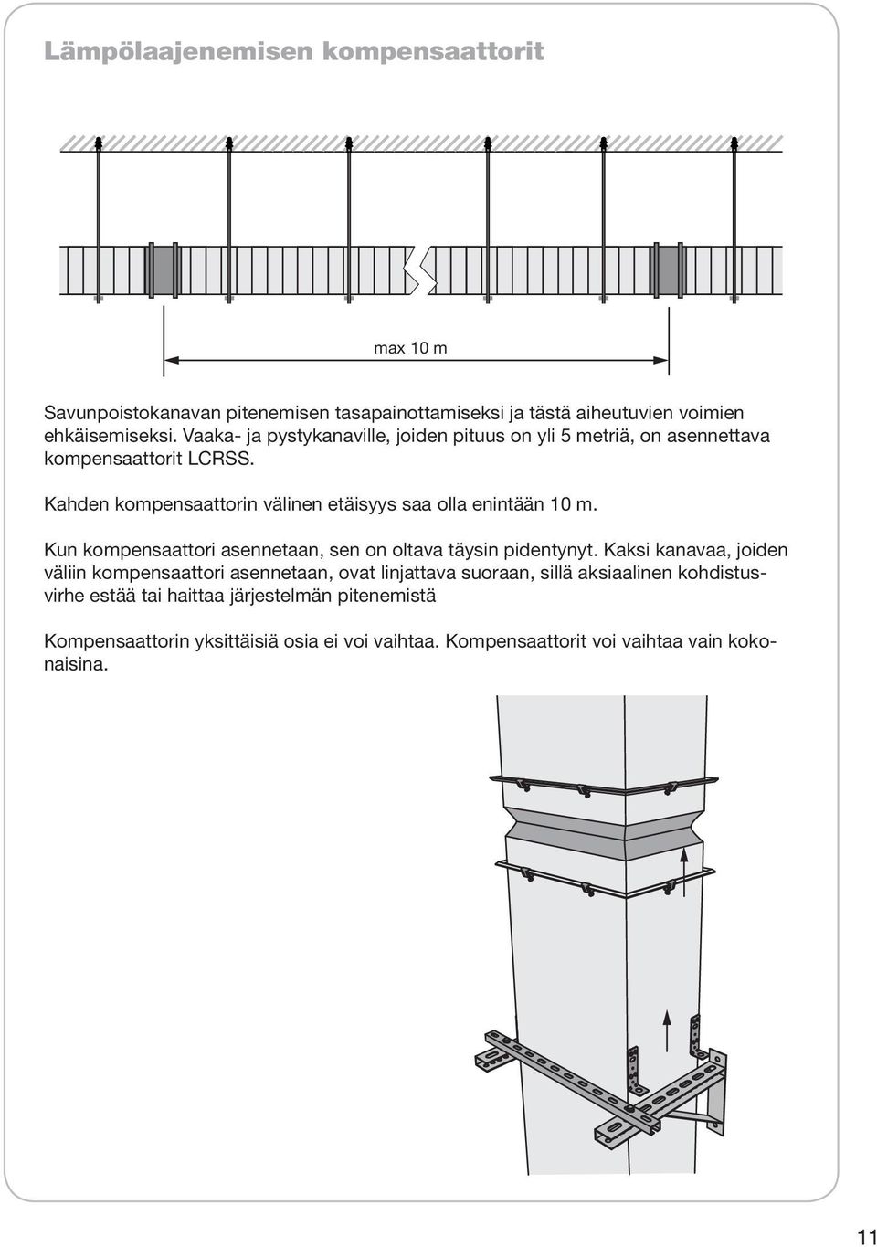 Kahden kompensaattorin välinen etäisyys saa olla enintään 10 m. Kun kompensaattori asennetaan, sen on oltava täysin pidentynyt.