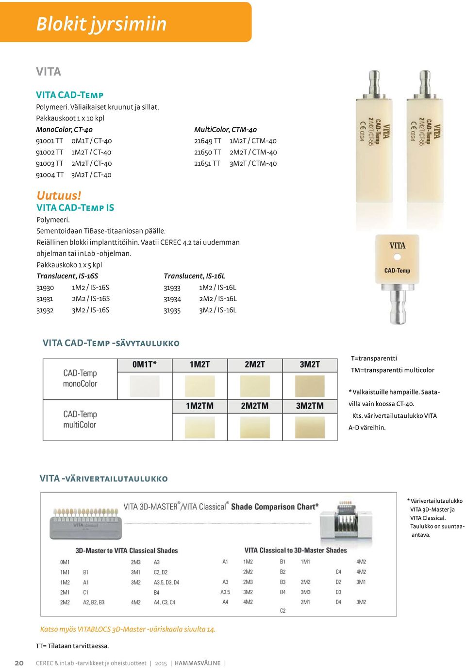 TT 3M2T / CTM-40 Uutuus! VITA CAD-Temp IS Polymeeri. Sementoidaan TiBase-titaaniosan päälle. Reiällinen blokki implanttitöihin. Vaatii CEREC 4.2 tai uudemman ohjelman tai inab -ohjelman.