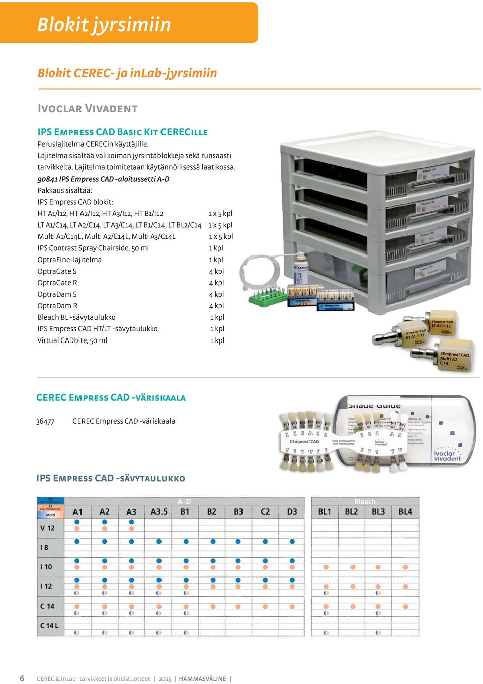 90841 IPS Empress CAD -aloitussetti A-D Pakkaus sisältää: IPS Empress CAD blokit: HT A1/I12, HT A2/I12, HT A3/I12, HT B1/I12 1 x 5 kpl T A1/C14, T A2/C14, T A3/C14, T B1/C14, T B2/C14 1 x 5 kpl Multi