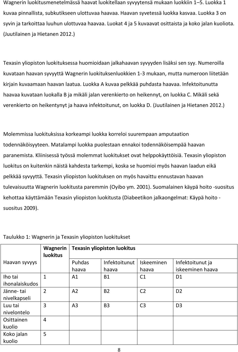 ) Texasin yliopiston luokituksessa huomioidaan jalkahaavan syvyyden lisäksi sen syy.