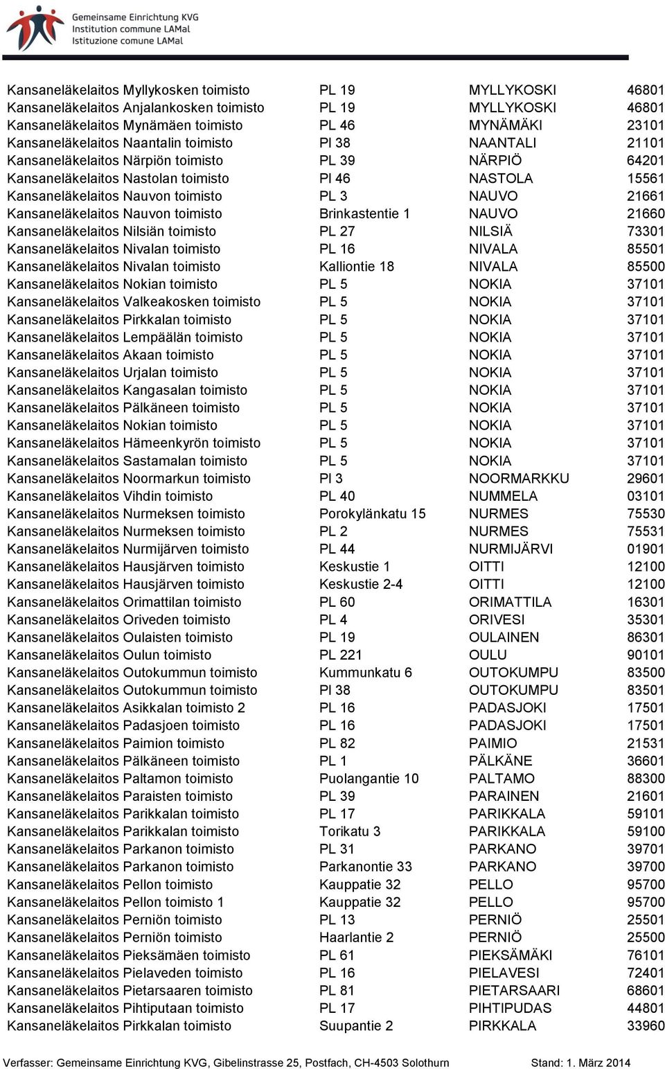 toimisto PL 3 NAUVO 21661 Kansaneläkelaitos Nauvon toimisto Brinkastentie 1 NAUVO 21660 Kansaneläkelaitos Nilsiän toimisto PL 27 NILSIÄ 73301 Kansaneläkelaitos Nivalan toimisto PL 16 NIVALA 85501