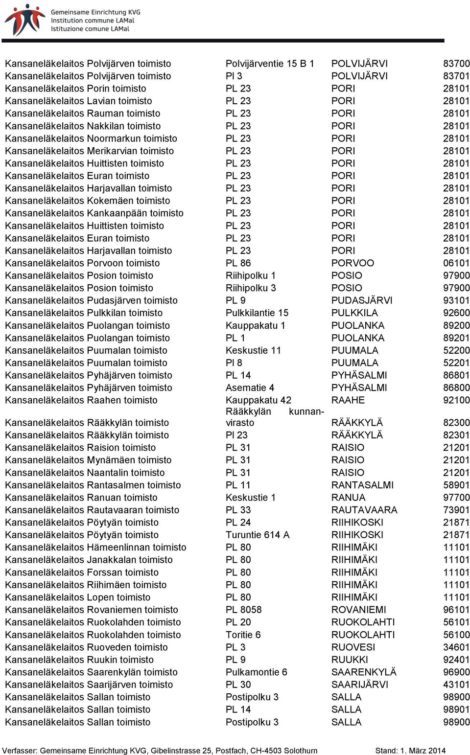 PORI 28101 Kansaneläkelaitos Merikarvian toimisto PL 23 PORI 28101 Kansaneläkelaitos Huittisten toimisto PL 23 PORI 28101 Kansaneläkelaitos Euran toimisto PL 23 PORI 28101 Kansaneläkelaitos