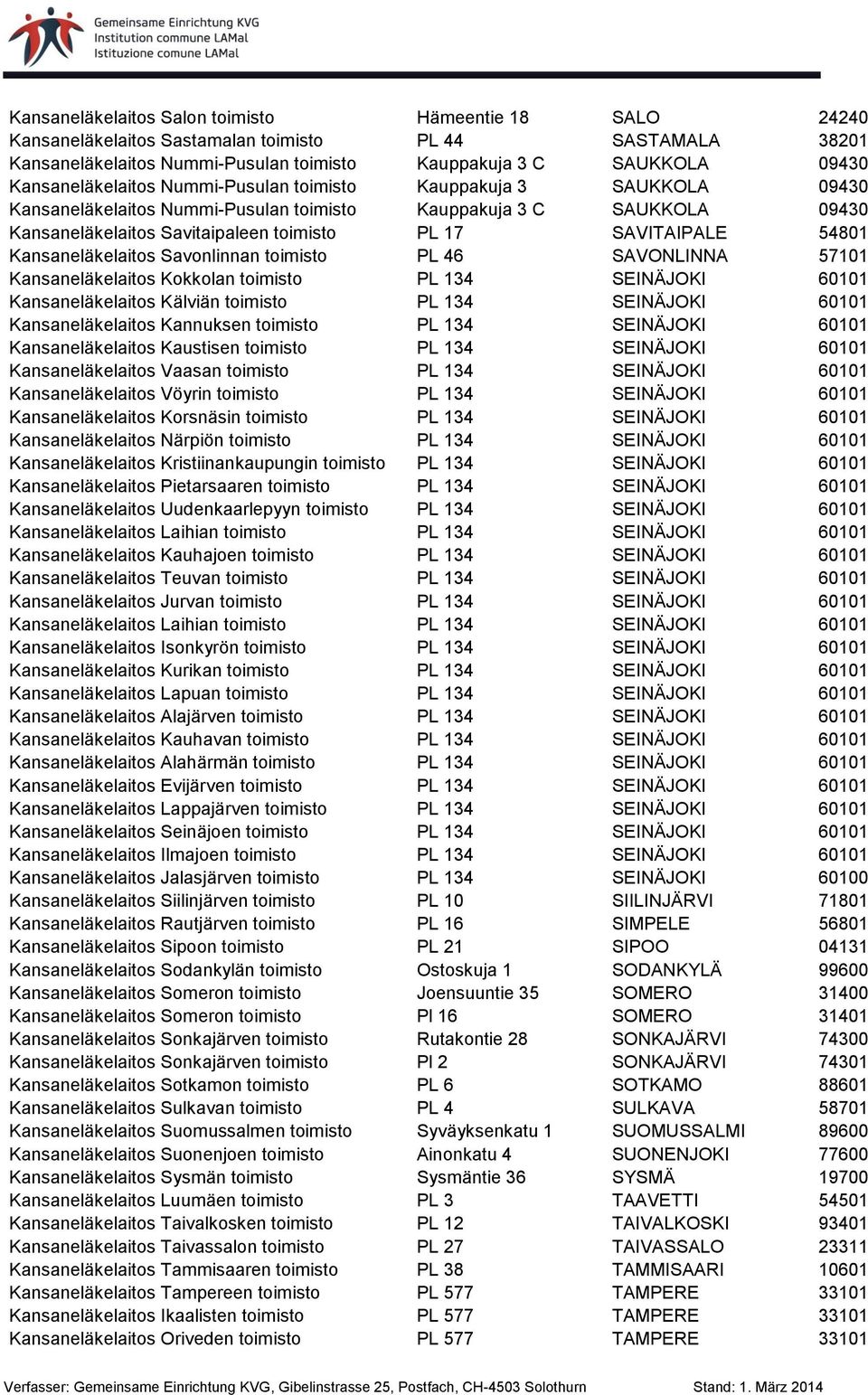 54801 Kansaneläkelaitos Savonlinnan toimisto PL 46 SAVONLINNA 57101 Kansaneläkelaitos Kokkolan toimisto PL 134 SEINÄJOKI 60101 Kansaneläkelaitos Kälviän toimisto PL 134 SEINÄJOKI 60101