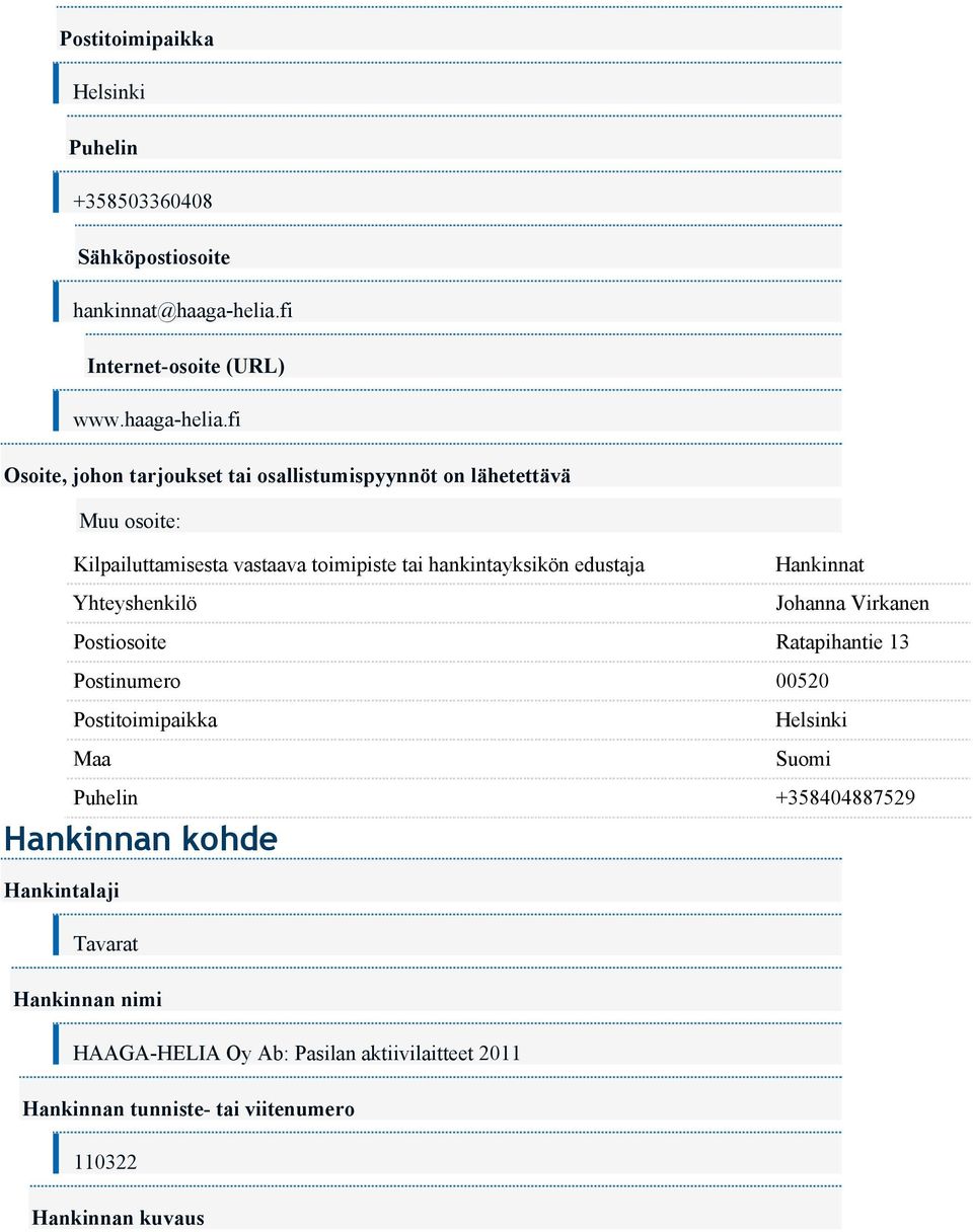 fi Osoite, johon tarjoukset tai osallistumispyynnöt on lähetettävä Muu osoite: Kilpailuttamisesta vastaava toimipiste tai