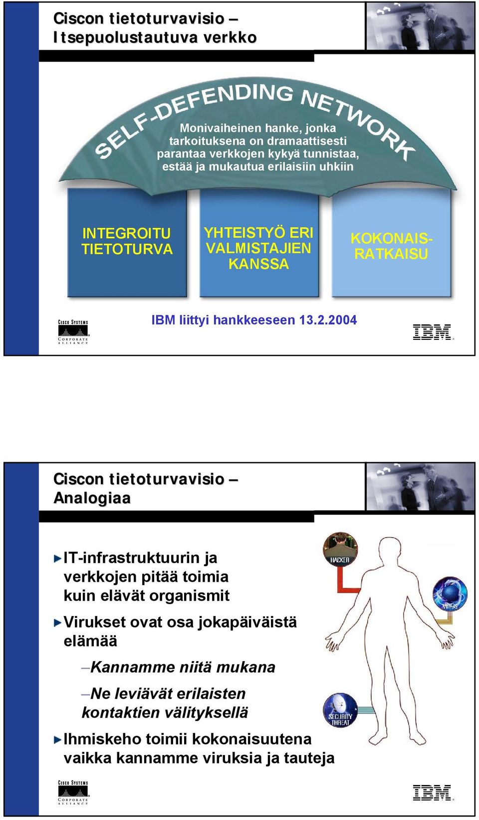 2.2004 n tietoturvavisio Analogiaa IT-infrastruktuurin ja verkkojen pitää toimia kuin elävät organismit Virukset ovat osa jokapäiväistä