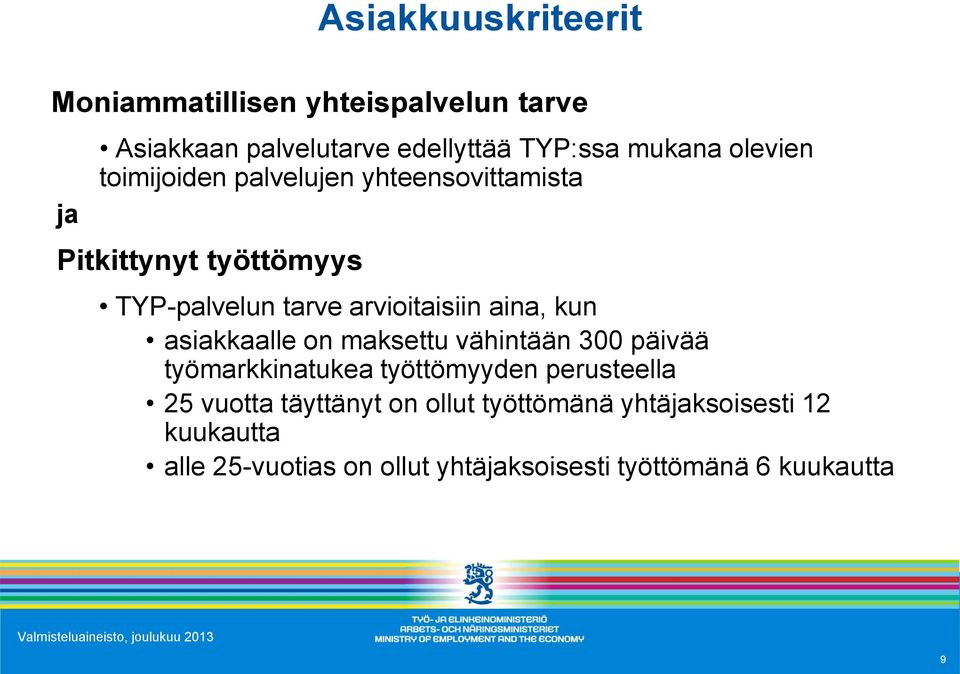 on maksettu vähintään 300 päivää työmarkkinatukea työttömyyden perusteella 25 vuotta täyttänyt on ollut työttömänä