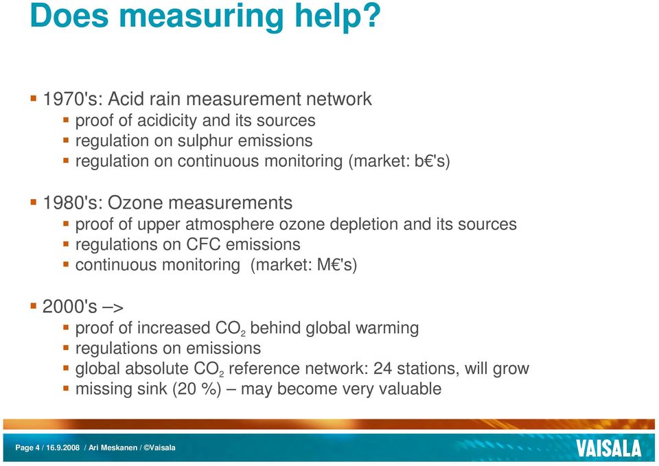 monitoring (market: b 's) 1980's: Ozone measurements proof of upper atmosphere ozone depletion and its sources regulations on CFC emissions