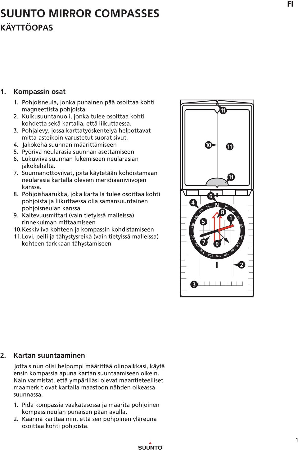 Jakokehä suunnan määrittämiseen 5. Pyörivä neularasia suunnan asettamiseen 6. Lukuviiva suunnan lukemiseen neularasian jakokehältä. 7.