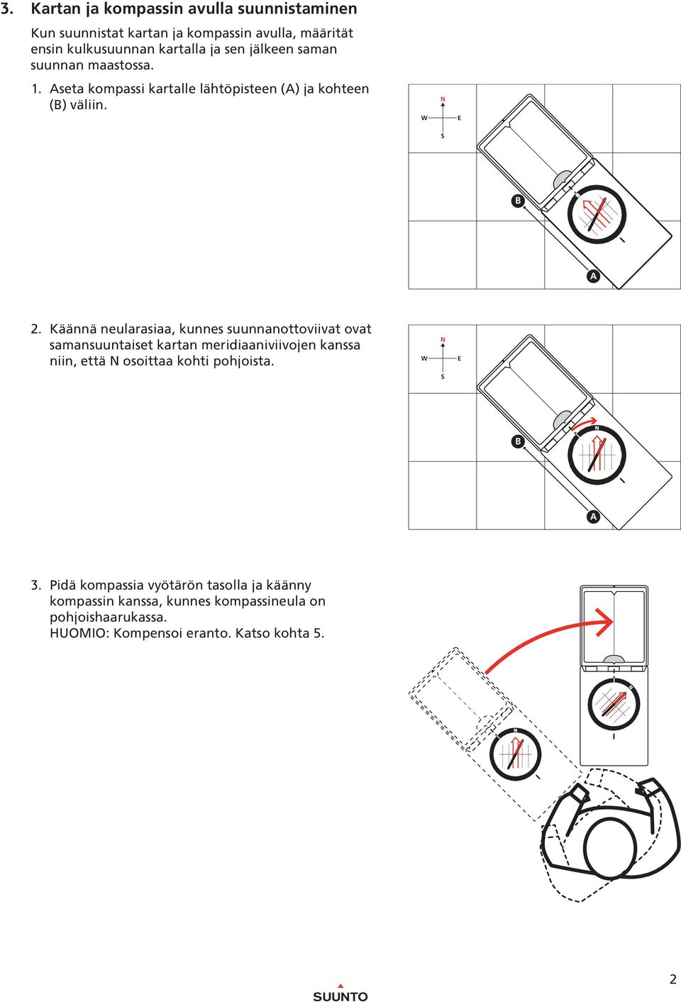 maastossa. 1. Aseta kompassi kartalle lähtöpisteen (A) ja kohteen () väliin. 3 3 1 1 2 A 2.