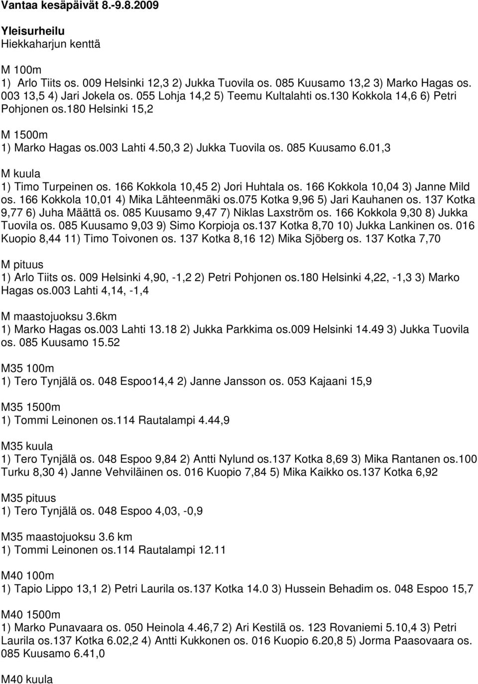 01,3 M kuula 1) Timo Turpeinen os. 166 Kokkola 10,45 2) Jori Huhtala os. 166 Kokkola 10,04 3) Janne Mild os. 166 Kokkola 10,01 4) Mika Lähteenmäki os.075 Kotka 9,96 5) Jari Kauhanen os.