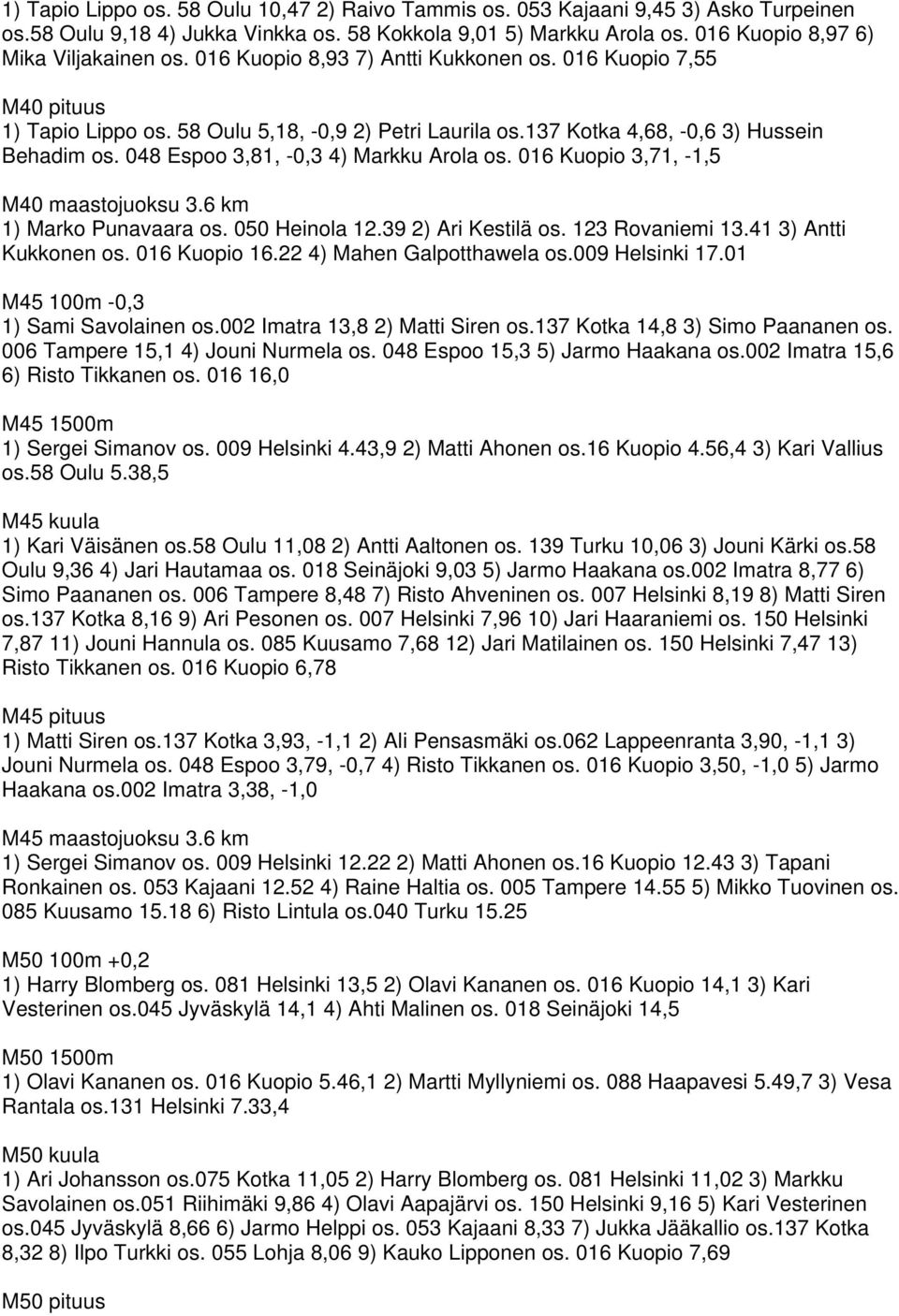 048 Espoo 3,81, -0,3 4) Markku Arola os. 016 Kuopio 3,71, -1,5 M40 maastojuoksu 3.6 km 1) Marko Punavaara os. 050 Heinola 12.39 2) Ari Kestilä os. 123 Rovaniemi 13.41 3) Antti Kukkonen os.