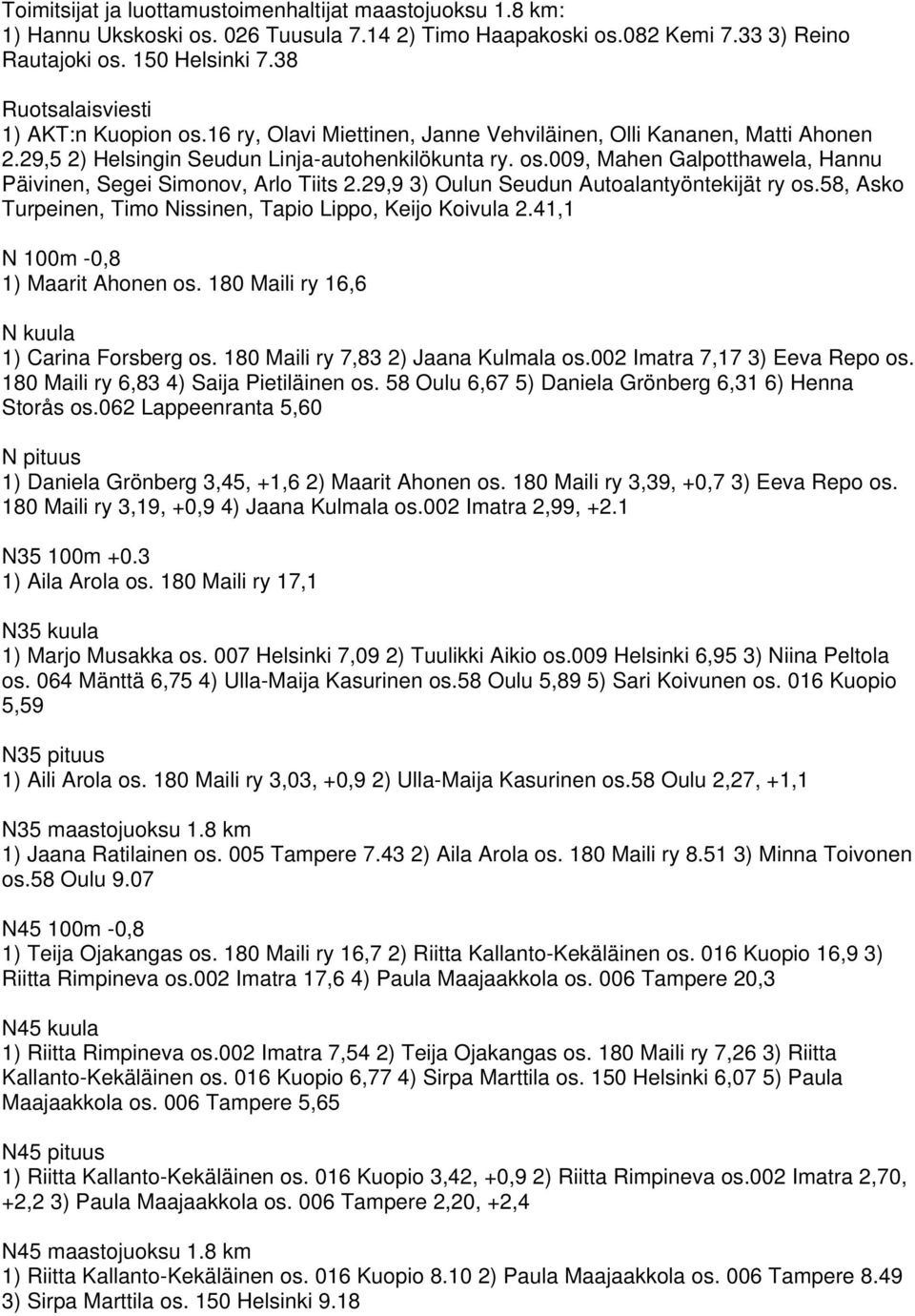 29,9 3) Oulun Seudun Autoalantyöntekijät ry os.58, Asko Turpeinen, Timo Nissinen, Tapio Lippo, Keijo Koivula 2.41,1 N 100m -0,8 1) Maarit Ahonen os. 180 Maili ry 16,6 N kuula 1) Carina Forsberg os.