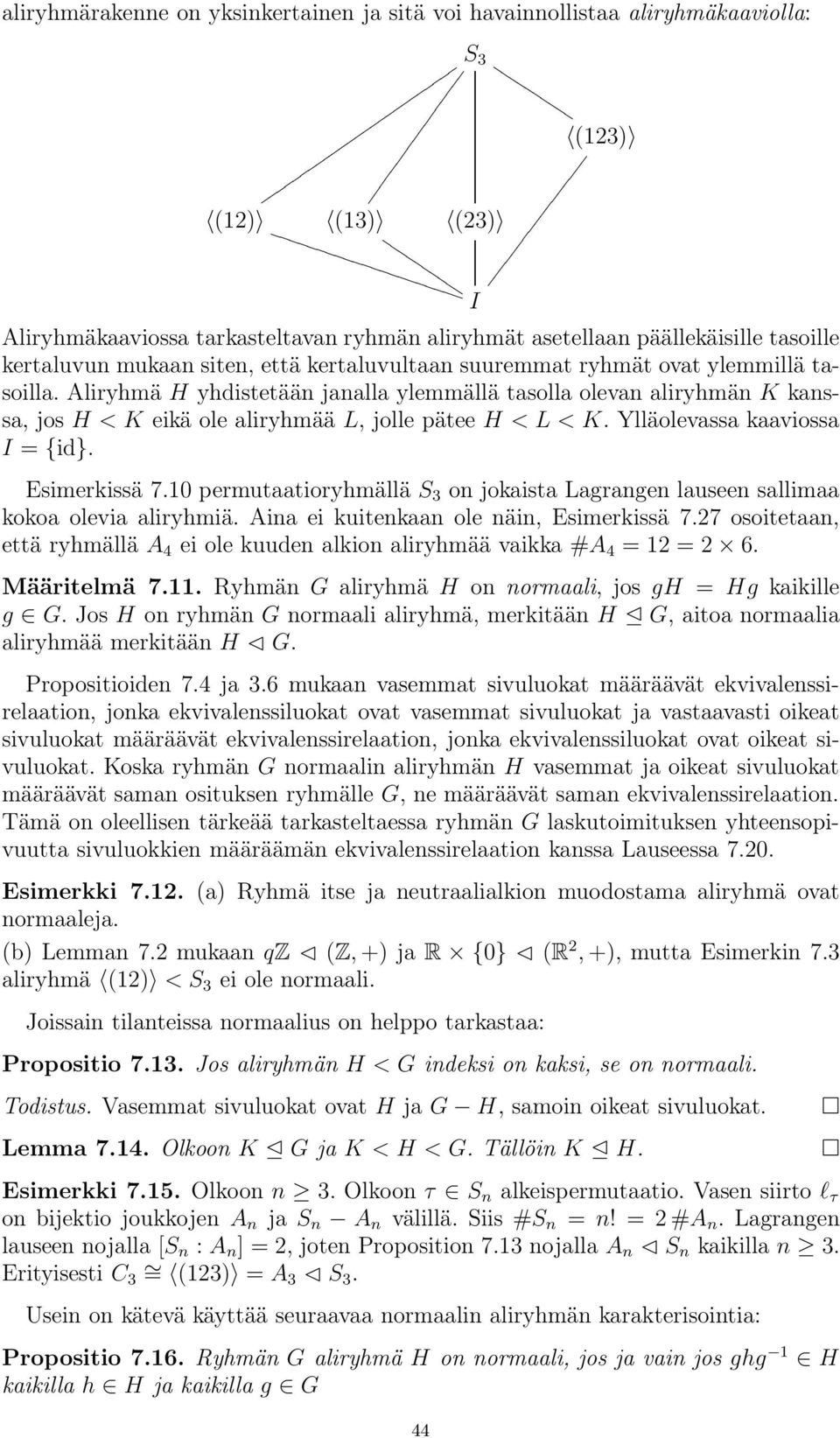 Aliryhmä H yhdistetään janalla ylemmällä tasolla olevan aliryhmän K kanssa, jos H<Keikä ole aliryhmää L, jollepäteeh<l<k.ylläolevassakaaviossa I = {id}. Esimerkissä 7.