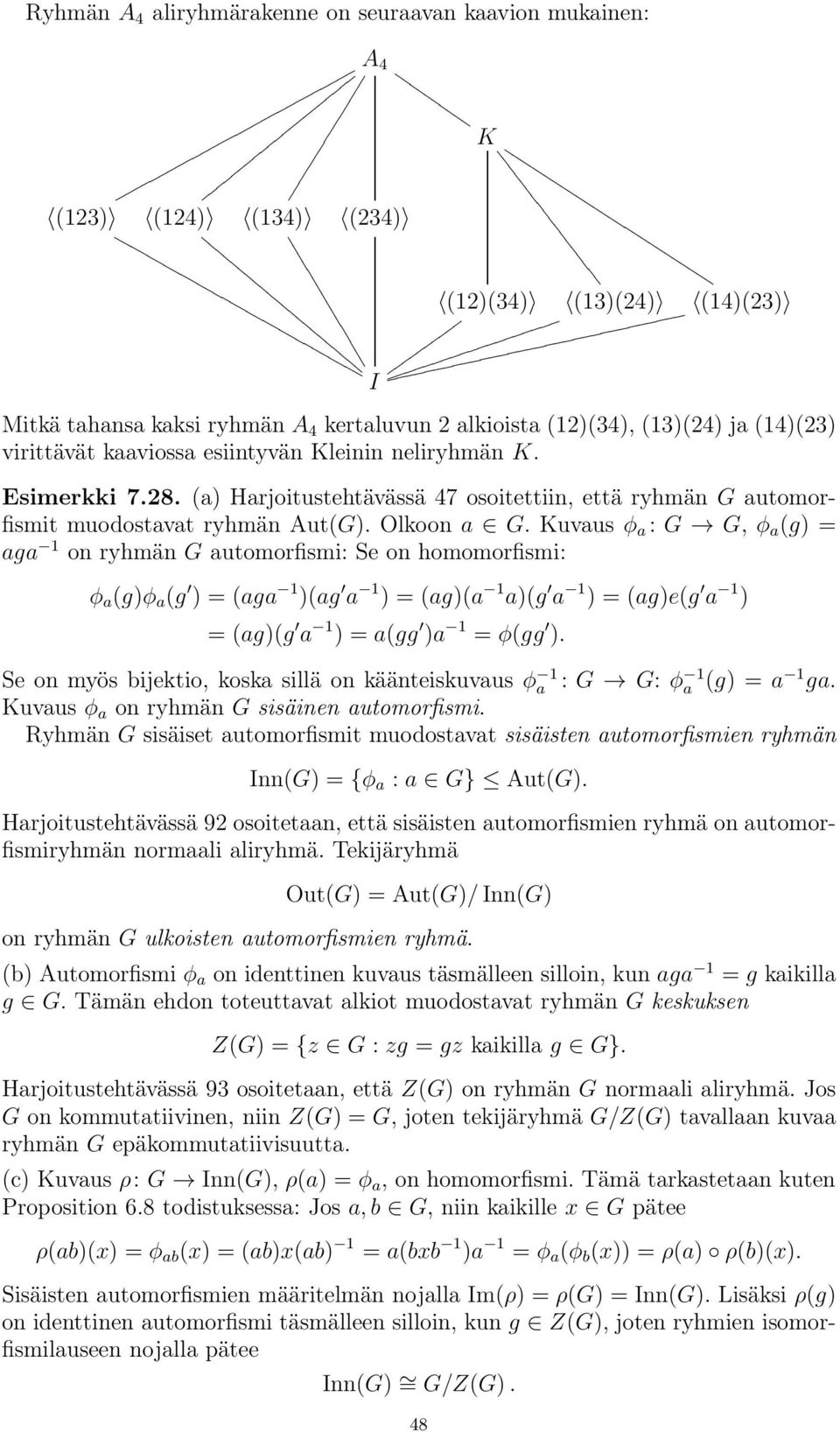 Olkoona G. Kuvausφ a : G G, φ a (g) = aga 1 on ryhmän G automorfismi: Se on homomorfismi: φ a (g)φ a (g )=(aga 1 )(ag a 1 )=(ag)(a 1 a)(g a 1 )=(ag)e(g a 1 ) =(ag)(g a 1 )=a(gg )a 1 = φ(gg ).