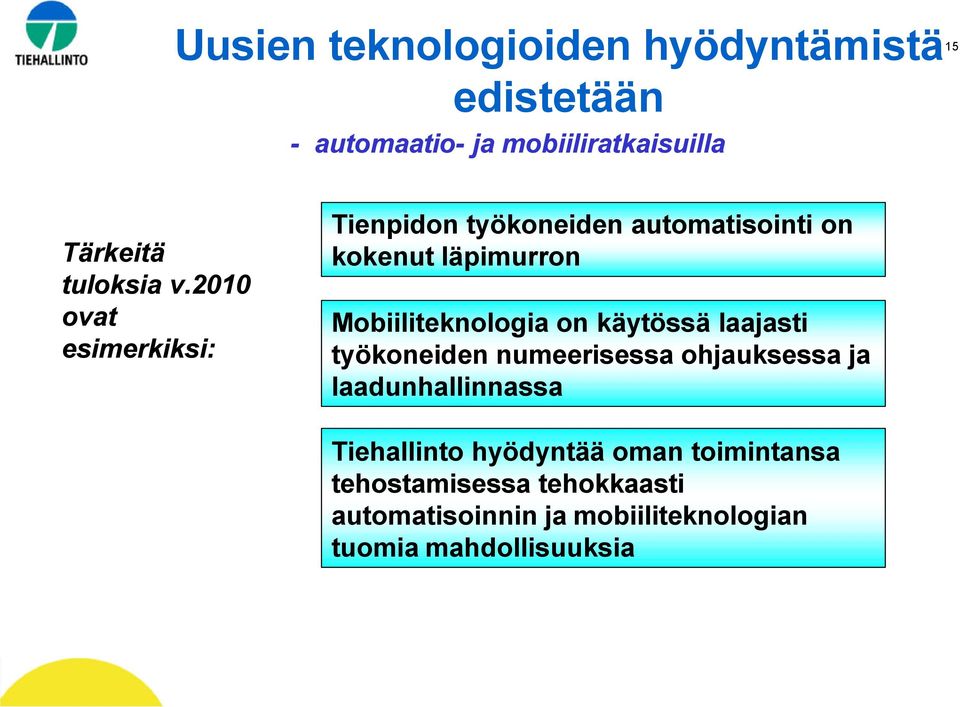 2010 ovat esimerkiksi: Tienpidon työkoneiden automatisointi on kokenut läpimurron Mobiiliteknologia on