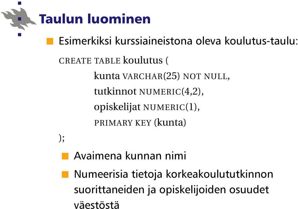 opiskelijat NUMERIC(1), PRIMARY KEY (kunta) ); Avaimena kunnan nimi