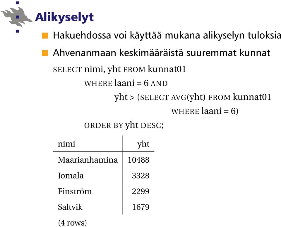 6 AND yht > (SELECT AVG(yht) FROM kunnat01 WHERE laani = 6) ORDER BY yht