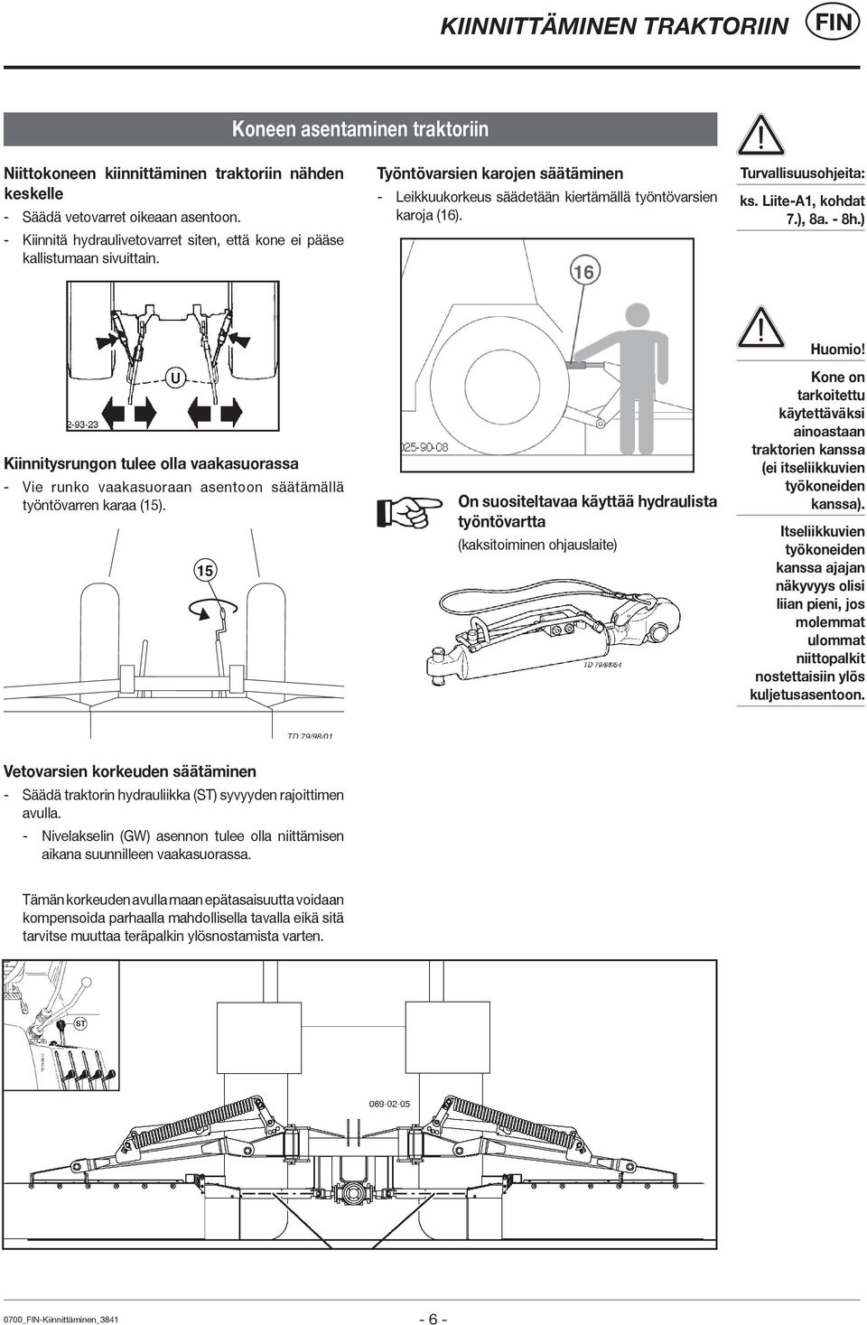Turvallisuusohjeita: ks. Liite-A1, kohdat 7.), 8a. - 8h.) Kiinnitysrungon tulee olla vaakasuorassa - Vie runko vaakasuoraan asentoon säätämällä työntövarren karaa (15).