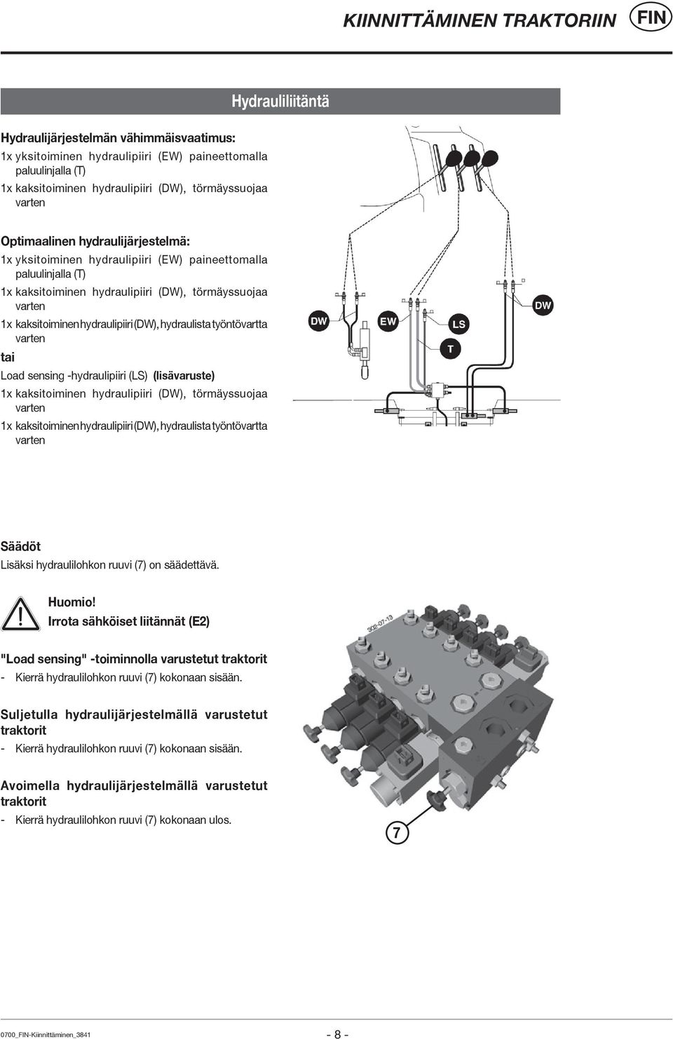 hydraulipiiri (DW), hydraulista työntövartta varten tai Load sensing -hydraulipiiri (LS) (lisävaruste) 1x kaksitoiminen hydraulipiiri (DW), törmäyssuojaa varten 1x kaksitoiminen hydraulipiiri (DW),
