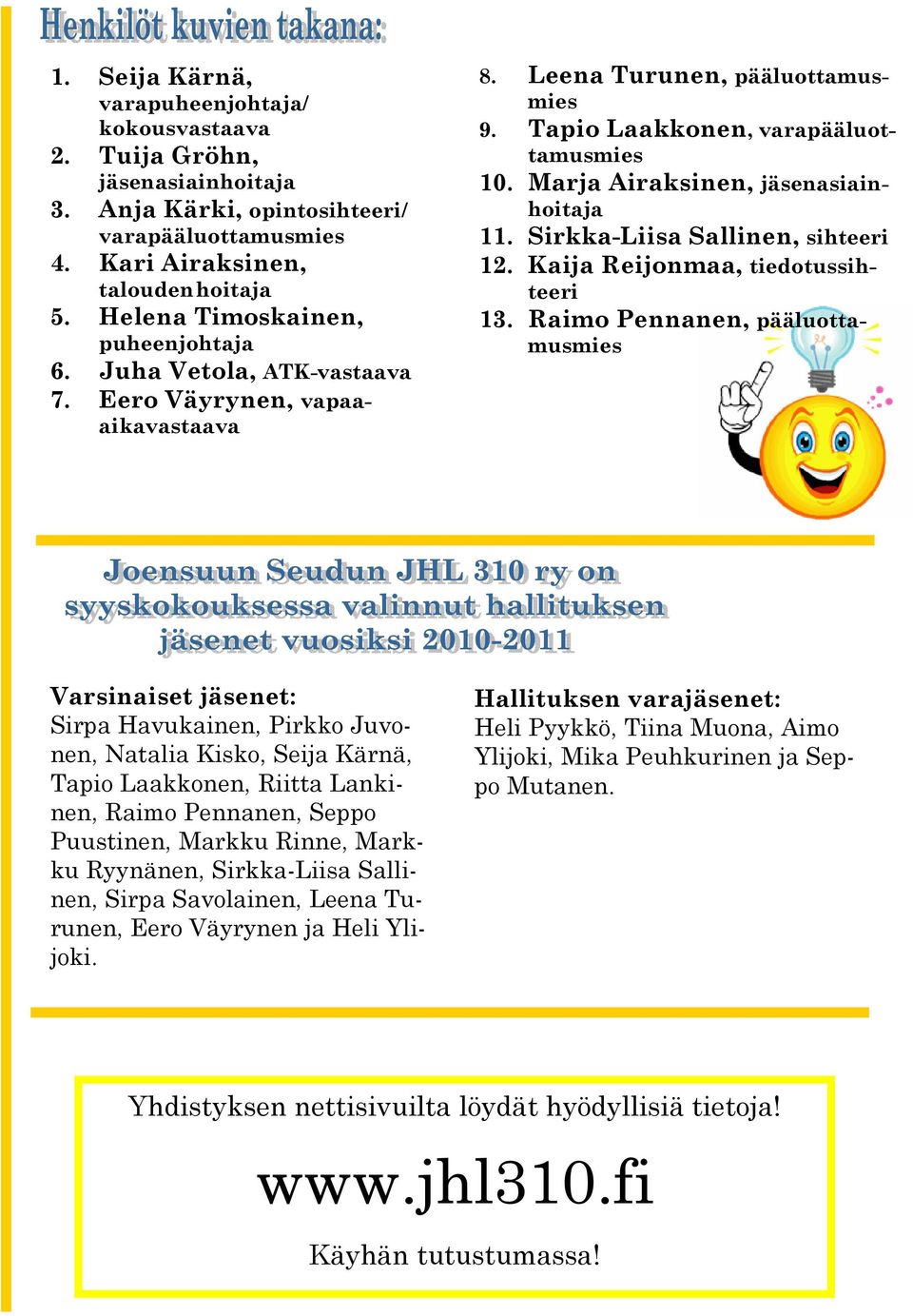 Marja Airaksinen, jäsenasiainhoitaja 11. Sirkka-Liisa Sallinen, sihteeri 12. Kaija Reijonmaa, tiedotussihteeri 13.