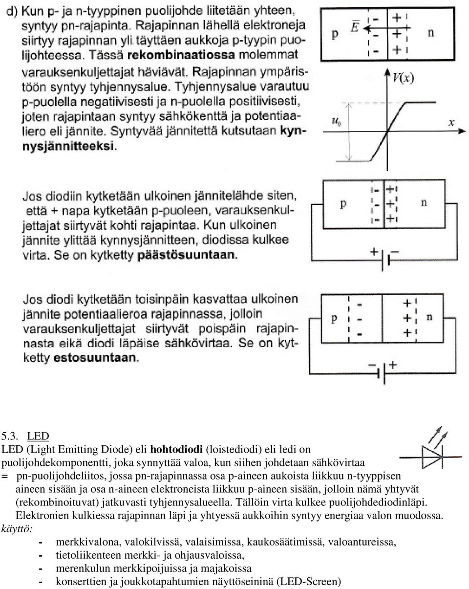 tyhjeysalueella. Tällöi virta kulkee puolijohdediodiläpi. lektroie kulkiessa rajapia läpi ja yhtyessä aukkoihi sytyy eergiaa valo muodossa.