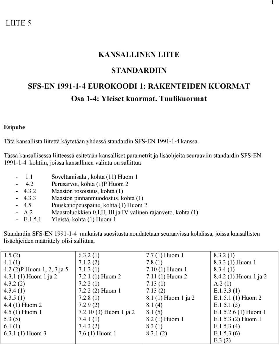 Tässä kansallisessa liitteessä esitetään kansalliset parametrit ja lisäohjeita seuraaviin standardin SFS-EN 1991-1-4 kohtiin, joissa kansallinen valinta on sallittua - 1.