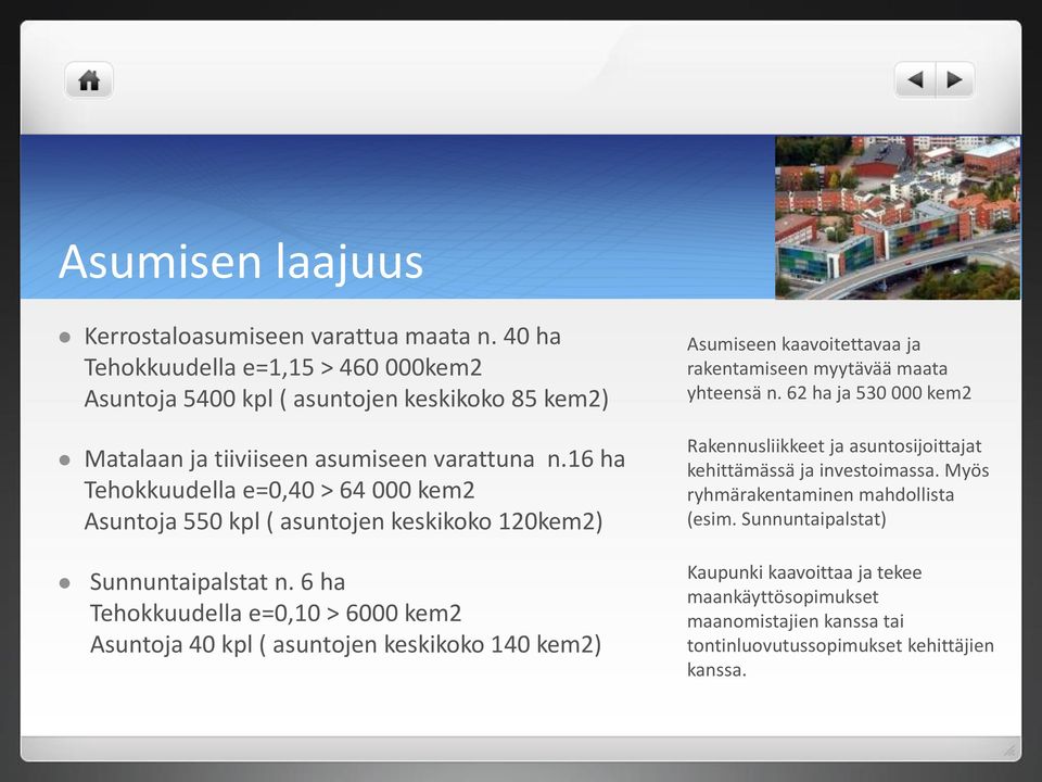 16 ha Tehokkuudella e=0,40 > 64 000 kem2 Asuntoja 550 kpl ( asuntojen keskikoko 120kem2) Sunnuntaipalstat n.