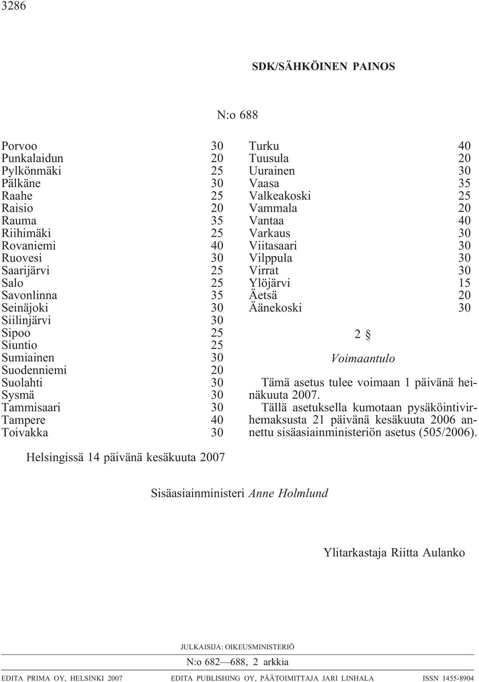 Varkaus 30 Viitasaari 30 Vilppula 30 Virrat 30 Ylöjärvi 15 Äetsä 20 Äänekoski 30 2 Voimaantulo Tämä asetus tulee voimaan 1 päivänä heinäkuuta 2007.