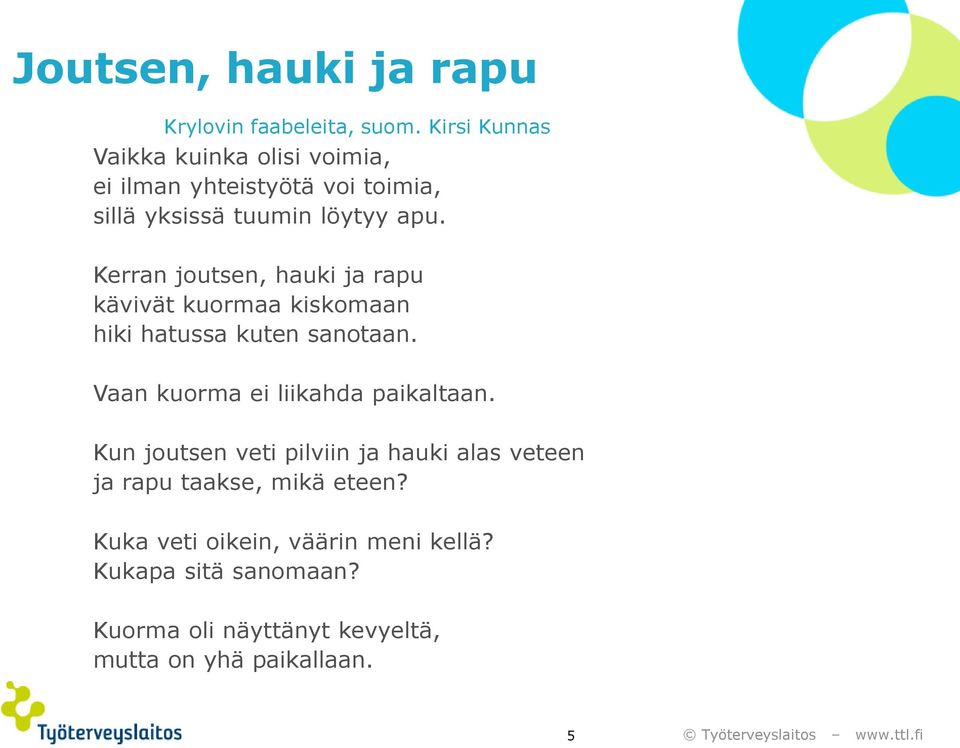 Kerran joutsen, hauki ja rapu kävivät kuormaa kiskomaan hiki hatussa kuten sanotaan.