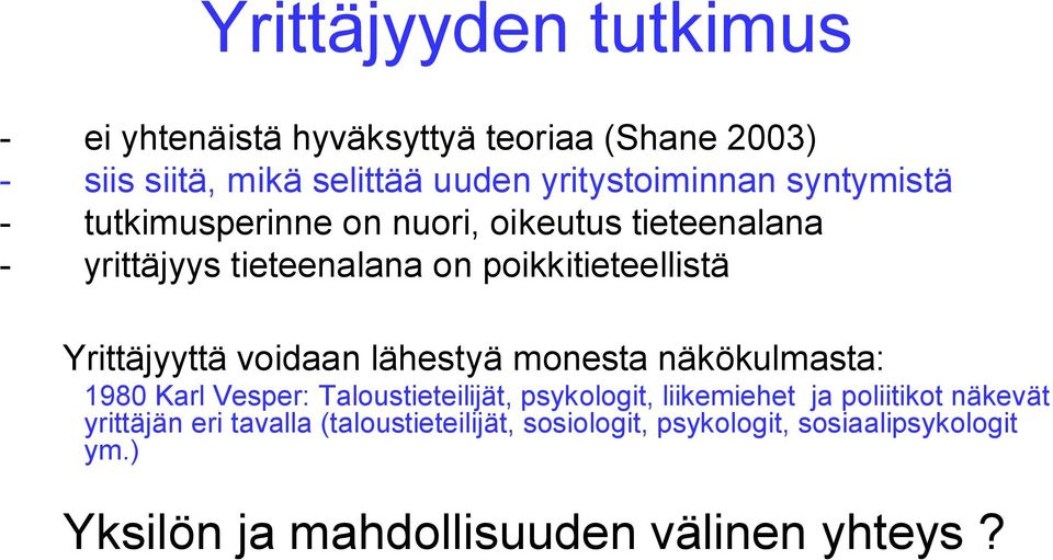 voidaan lähestyä monesta näkökulmasta: 1980 Karl Vesper: Taloustieteilijät, psykologit, liikemiehet ja poliitikot näkevät