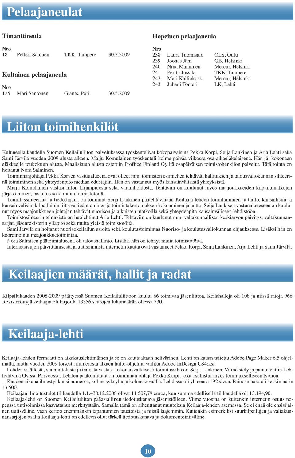 2009 Hopeinen pelaajaneula Nro 238 Laura Tuomisalo OLS, Oulu 239 Joonas Jähi GB, 240 Nina Manninen Mercur, 241 Perttu Jussila TKK, Tampere 242 Mari Kalliokoski Mercur, 243 Juhani Tonteri LK, Lahti