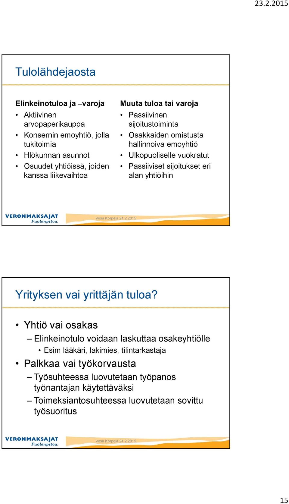 sijoitukset eri alan yhtiöihin Yrityksen vai yrittäjän tuloa?