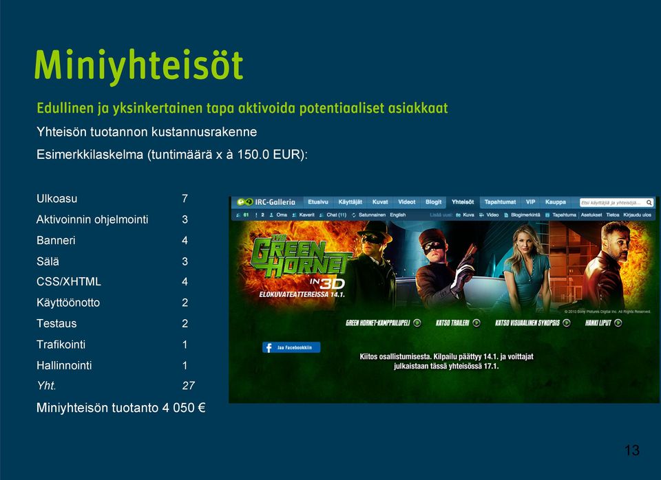 150.0 EUR): Ulkoasu 7 Aktivoinnin ohjelmointi 3 Banneri 4 Sälä 3 CSS/XHTML 4