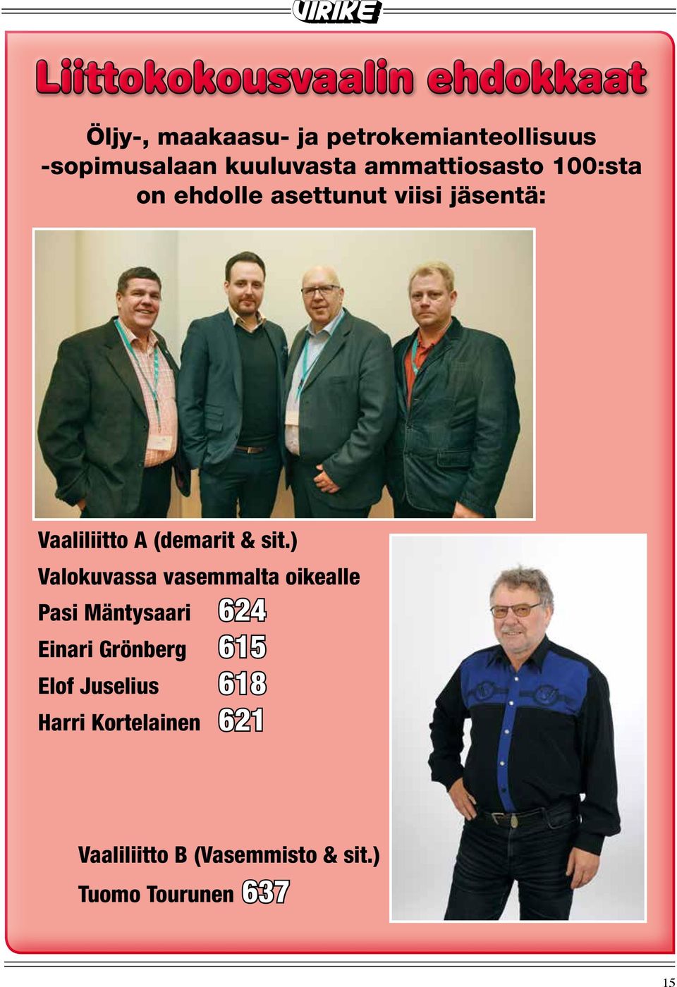 helmikuuta Öljy-, maakaasu- petrokemianteollisuus -sopimusalaan kuuluvasta ammattiosasto 100:sta on ehdolle asettunut viisi jäsentä: Vaaliliitto A (demarit & sit.