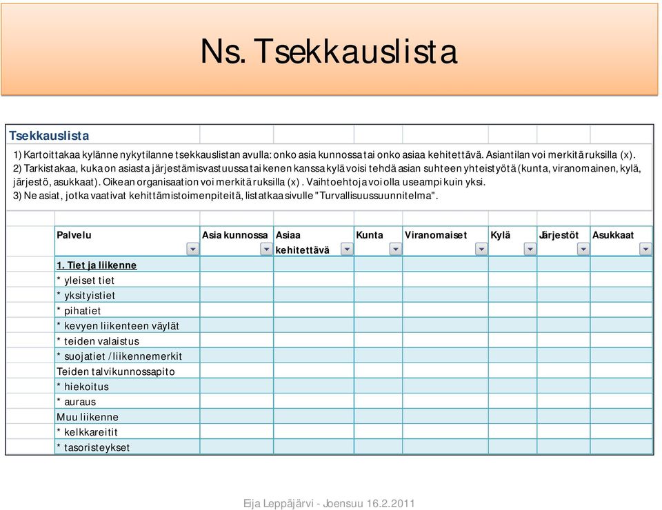 Oikean organisaation voi merkitä ruksilla (x). Vaihtoehtoja voi olla useampi kuin yksi. 3) Ne asiat, jotka vaativat kehittämistoimenpiteitä, listatkaa sivulle "Turvallisuussuunnitelma". Palvelu 1.