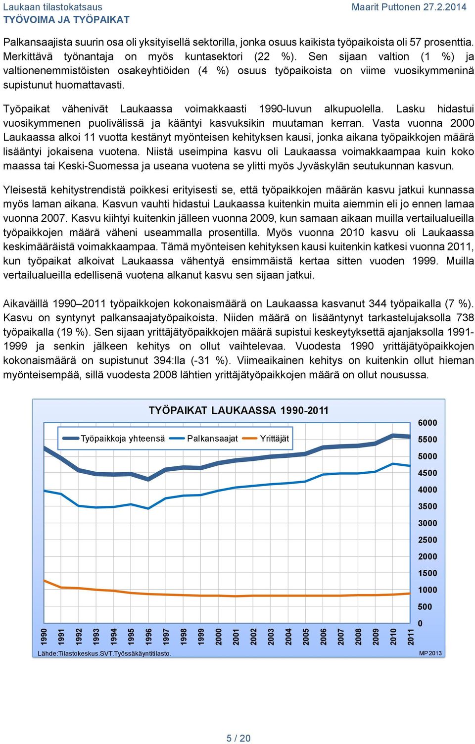 Työpaikat vähenivät Laukaassa voimakkaasti 1990-luvun alkupuolella. Lasku hidastui vuosikymmenen puolivälissä ja kääntyi kasvuksikin muutaman kerran.