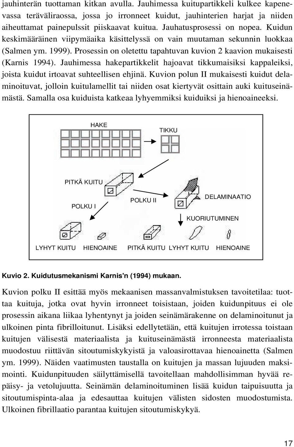 Prosessin on oletettu tapahtuvan kuvion 2 kaavion mukaisesti (Karnis 1994). Jauhimessa hakepartikkelit hajoavat tikkumaisiksi kappaleiksi, joista kuidut irtoavat suhteellisen ehjinä.