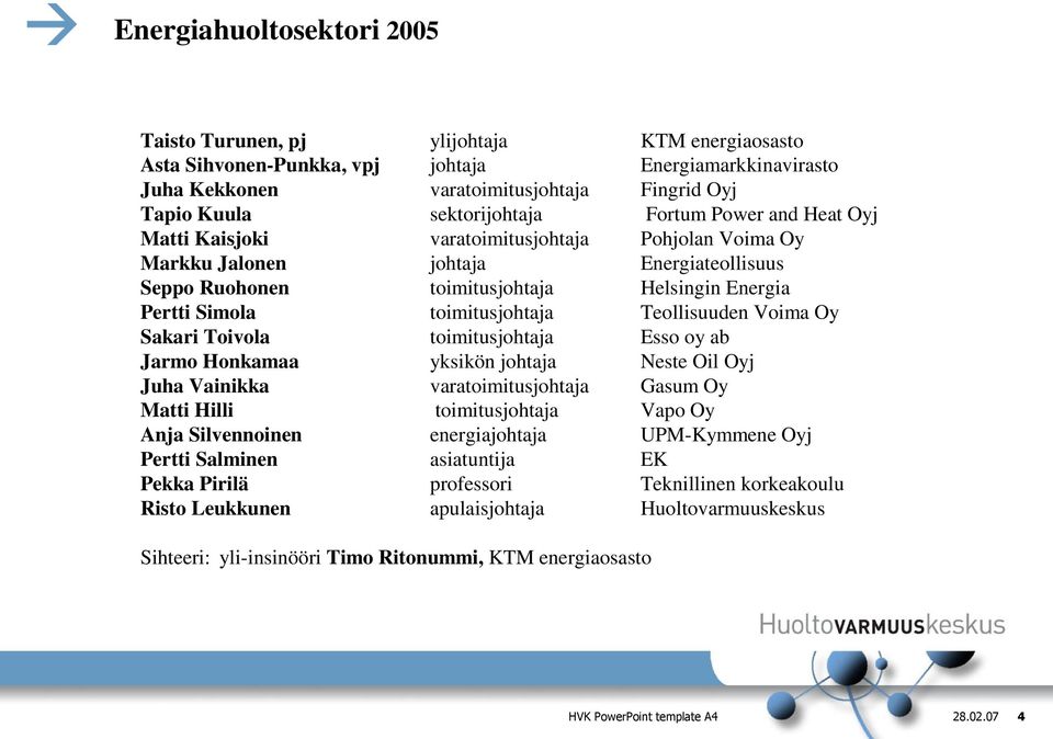 toimitusjohtaja Teollisuuden Voima Oy Sakari Toivola toimitusjohtaja Esso oy ab Jarmo Honkamaa yksikön johtaja Neste Oil Oyj Juha Vainikka varatoimitusjohtaja Gasum Oy Matti Hilli toimitusjohtaja
