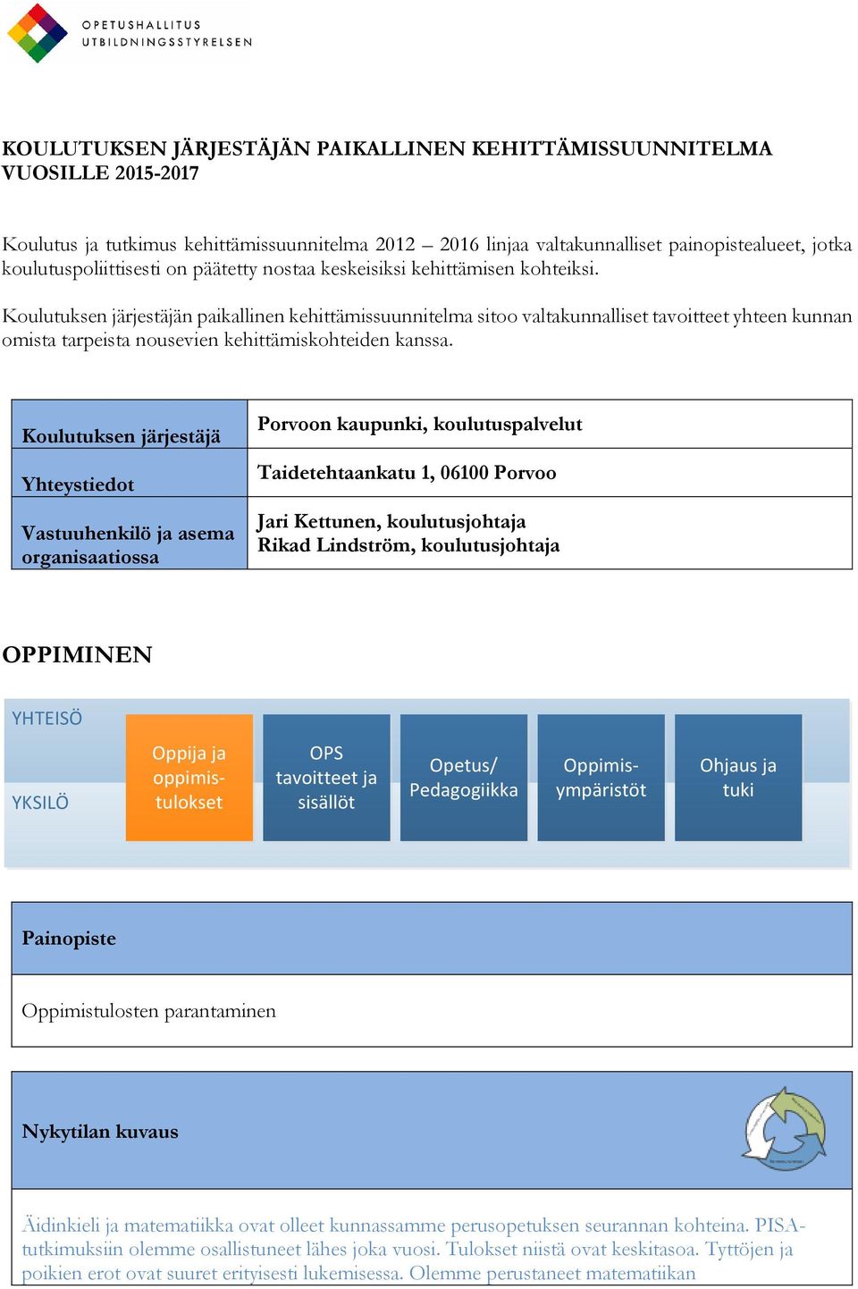 Koulutuksen järjestäjän paikallinen kehittämissuunnitelma sitoo valtakunnalliset tavoitteet yhteen kunnan omista tarpeista nousevien kehittämiskohteiden kanssa.