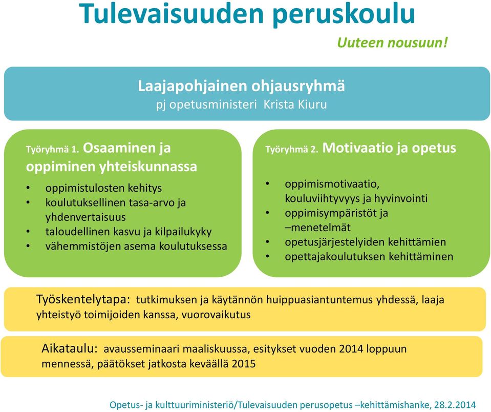 Motivaatio ja opetus oppimismotivaatio, kouluviihtyvyys ja hyvinvointi oppimisympäristöt ja menetelmät opetusjärjestelyiden kehittämien opettajakoulutuksen kehittäminen Työskentelytapa: